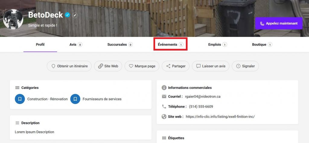 Panier Québec - Fiche Entreprise - Menu Profil - Événements